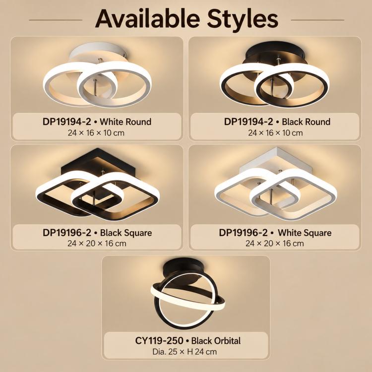 LED ceiling light styles: white round double-ring and black round double-ring designs