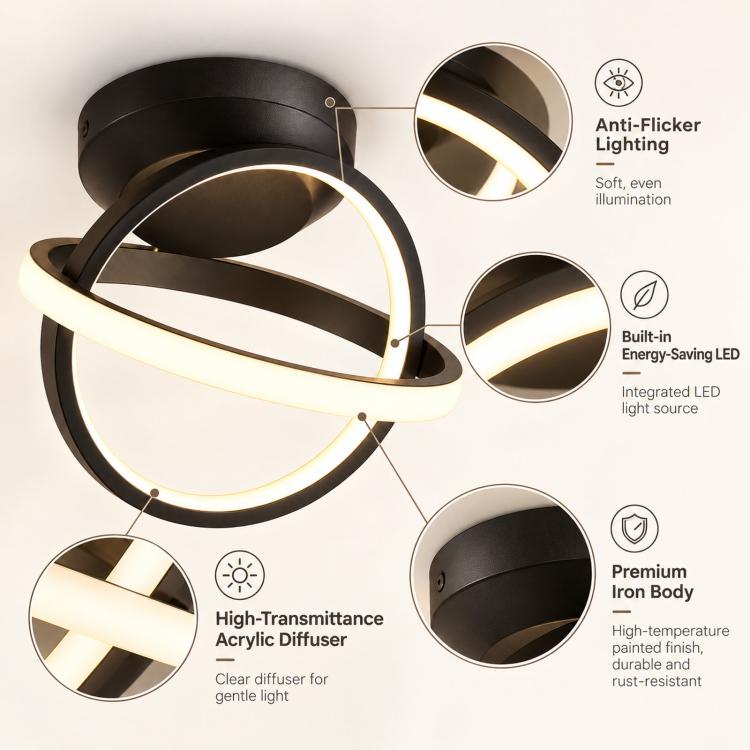 Black LED ceiling light with acrylic diffuser and round glowing halo ring