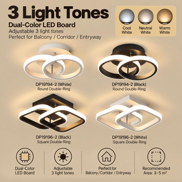 LED ceiling light set with round double-ring and square double-ring designs