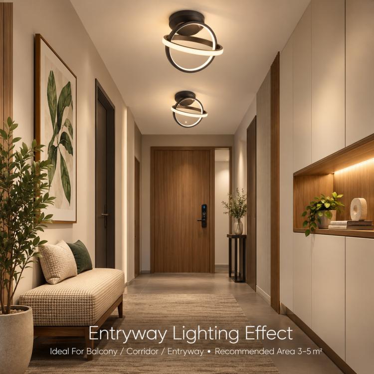 Black LED ceiling light with circular ring diffuser, installed on hallway ceiling