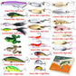 Assorted fishing lures set with labeled sizes, hard and soft baits in assorted colors