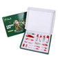 Fishing lure kit box with open tray holding red-and-white lures and hooks