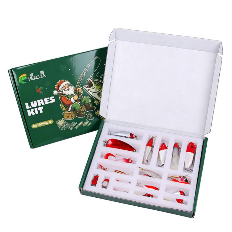Fishing lure kit box with open tray holding red-and-white lures and hooks