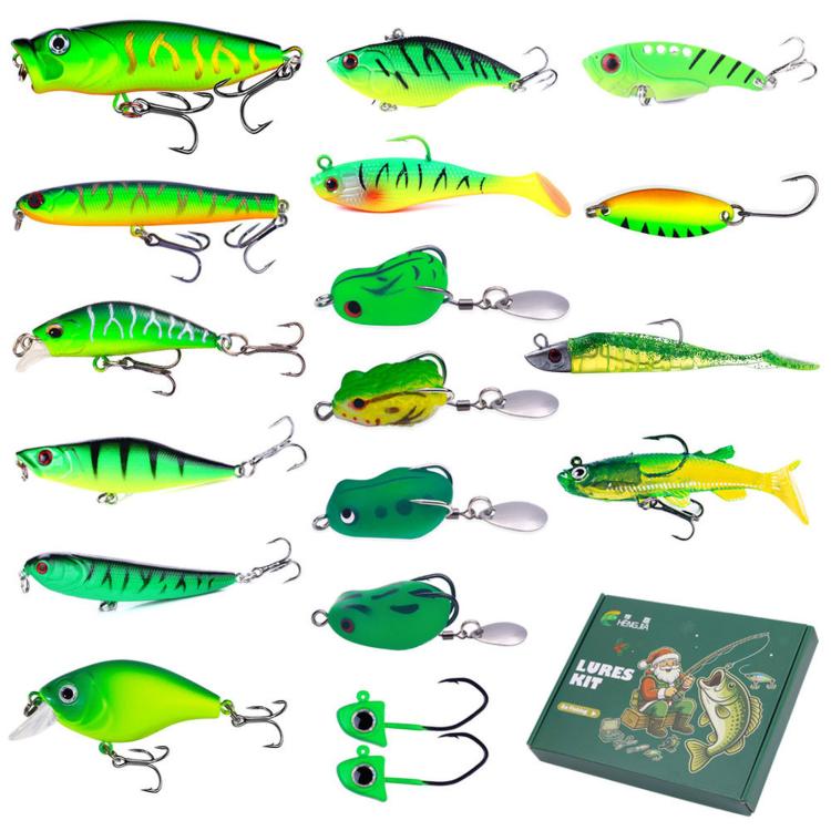 Assorted green fishing lures with treble hooks next to a lure kit box