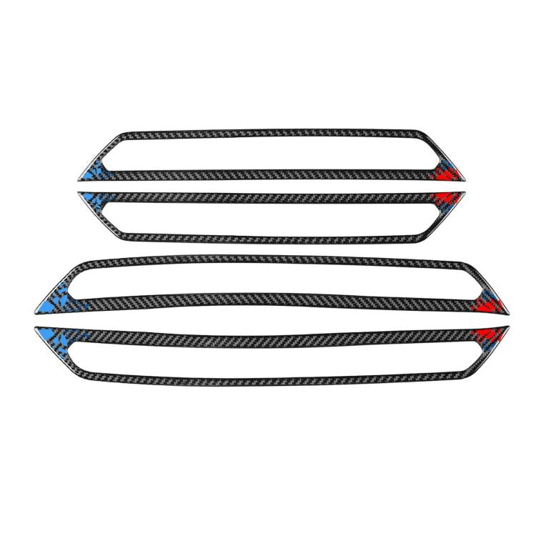 Door sill decorative stickers, black carbon-weave strips with blue/red accent ends.