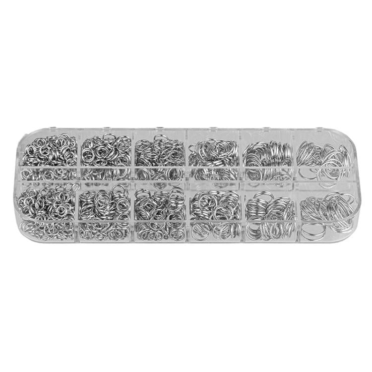 Silver open jump rings kit with mixed sizes in clear compartment organizer box