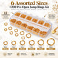 Gold open jump rings kit in clear divided storage box, mixed sizes shown with loose rings