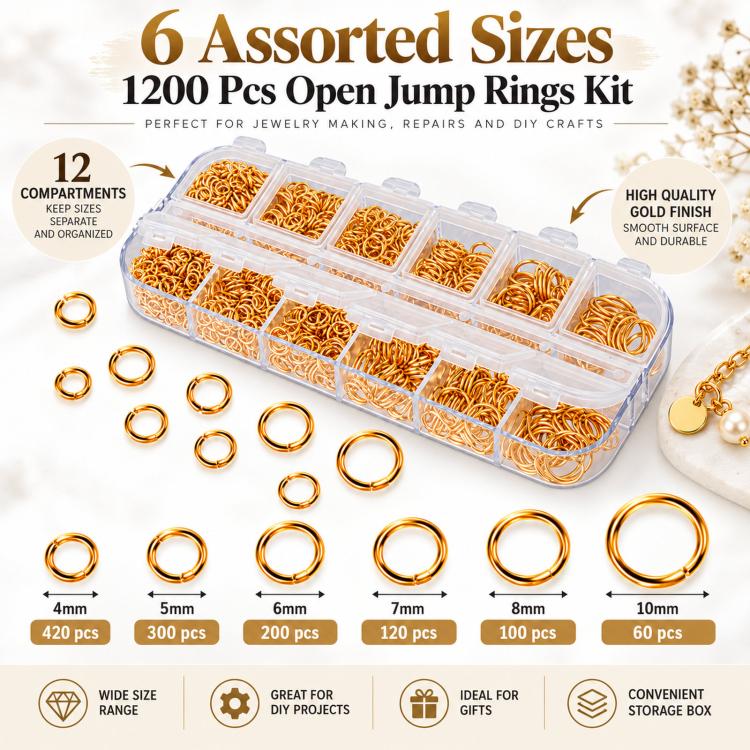 Gold open jump rings kit in clear divided storage box, mixed sizes shown with loose rings