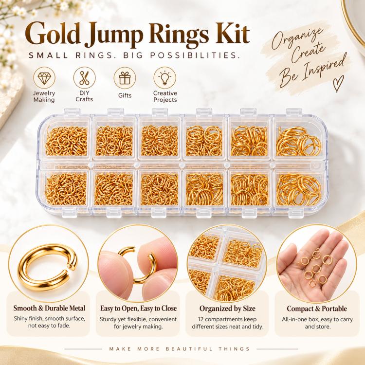 Gold open jump rings kit with mixed-size rings stored in clear plastic organizer box
