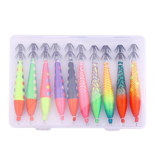 Luminous Squid Jigs Kit Glow Bait Fishing Lures With Umbrella Hooks Tackle Box, 10 PCS/Box HENGJIA UV Squid Hooks, 14 PCS/Box HENGJIA Horizontal Shrimp