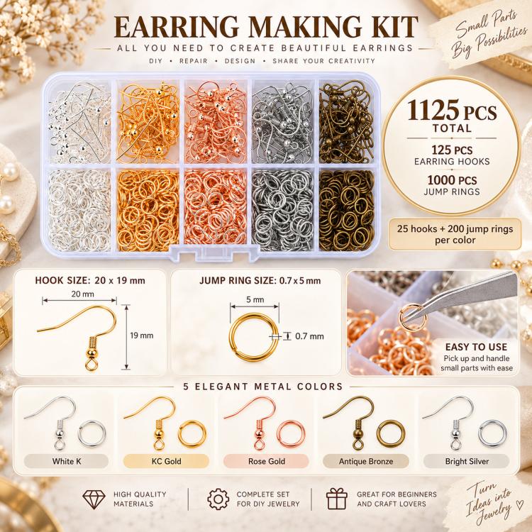 1125 PCS/Box Earring Making Kit Earring Hooks & Jump Rings Set DIY Jewelry Findings, Without Tool, With Tool