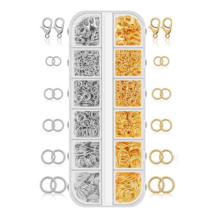 Jewelry making kit organizer with silver and gold jump rings and lobster clasp components.