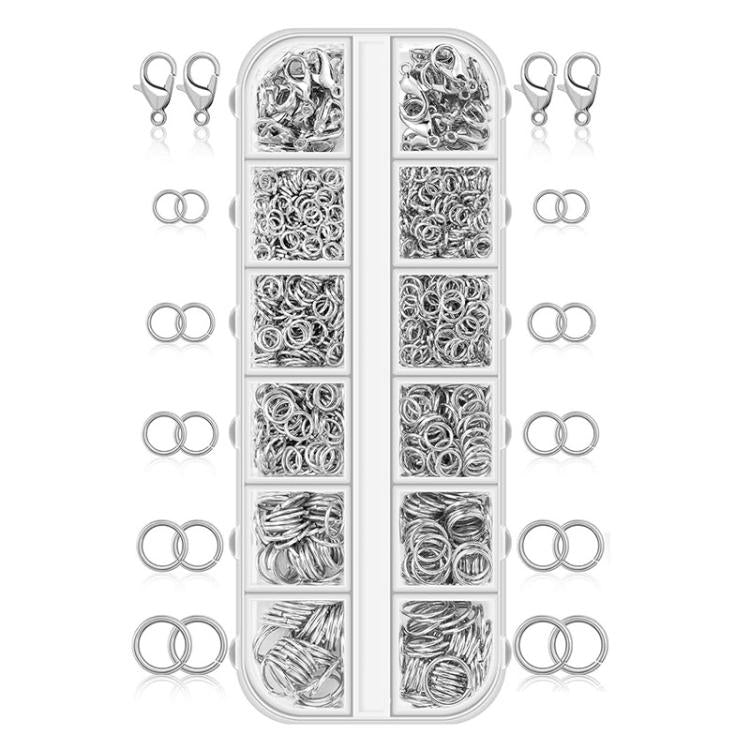 Silver jewelry making kit organizer with jump rings and lobster clasp pairs.