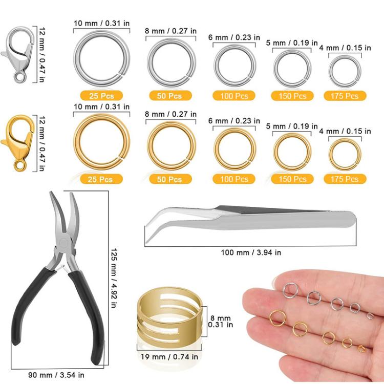 Sizing chart for jump rings and lobster clasp pliers, in gold and silver.