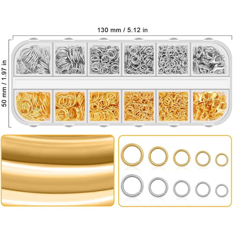 Jewelry making kit case with silver and gold jump rings in separate compartments.