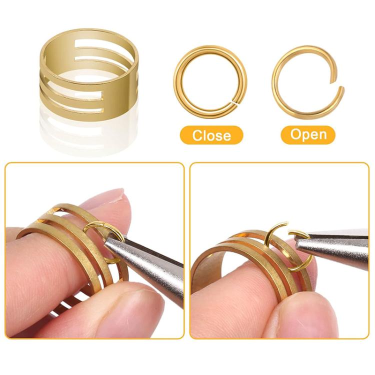 Gold jump ring closure demo with open and closed jump rings on fingers.