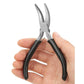 Lobster clasp and jump ring pliers held in hand, black handles and silver tips.