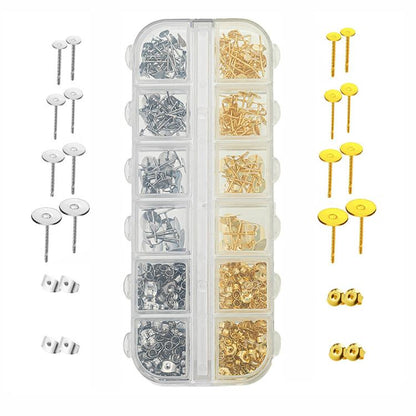 400 PCS/Box Earring Posts and Backs Kit 200 Pcs 4-Size Flat Pad Earring Studs 4-8mm & 200 Pcs Butterfly Backs