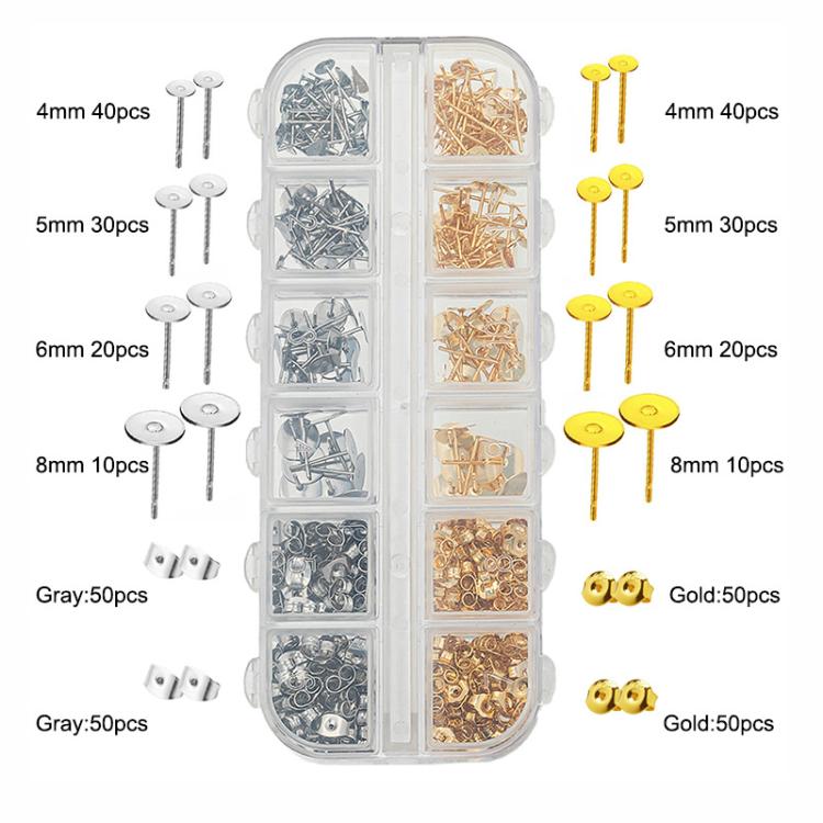 400 PCS/Box Earring Posts and Backs Kit 200 Pcs 4-Size Flat Pad Earring Studs 4-8mm & 200 Pcs Butterfly Backs