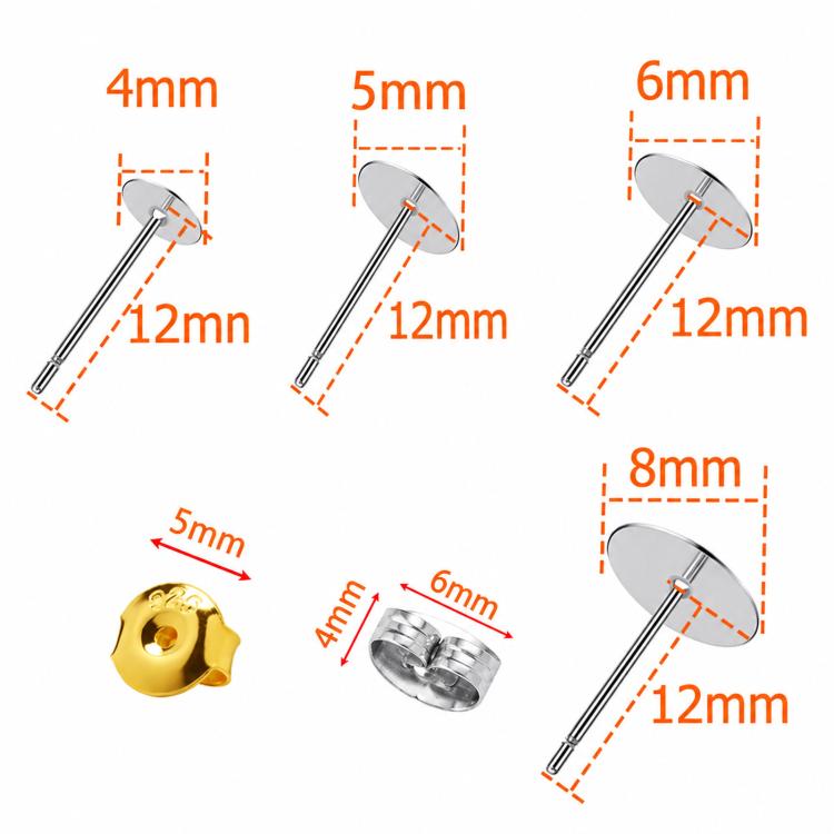 400 PCS/Box Earring Posts and Backs Kit 200 Pcs 4-Size Flat Pad Earring Studs 4-8mm & 200 Pcs Butterfly Backs
