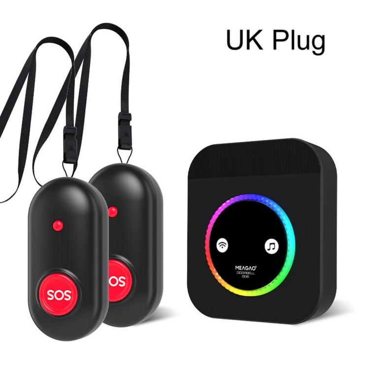 Wireless doorbell call pager system with UK plug: two black SOS transmitters and receiver