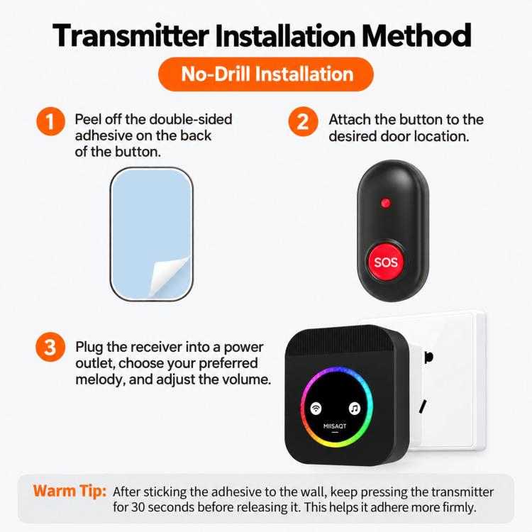 Wireless doorbell system setup diagram showing no-drill adhesive transmitter install