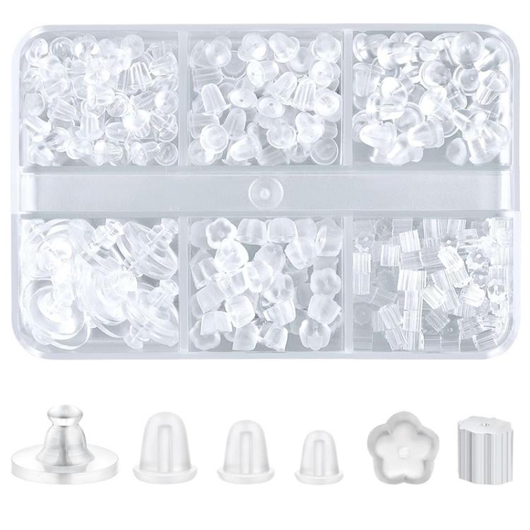 Clear silicone earring back kit with multiple transparent backs in a divided case