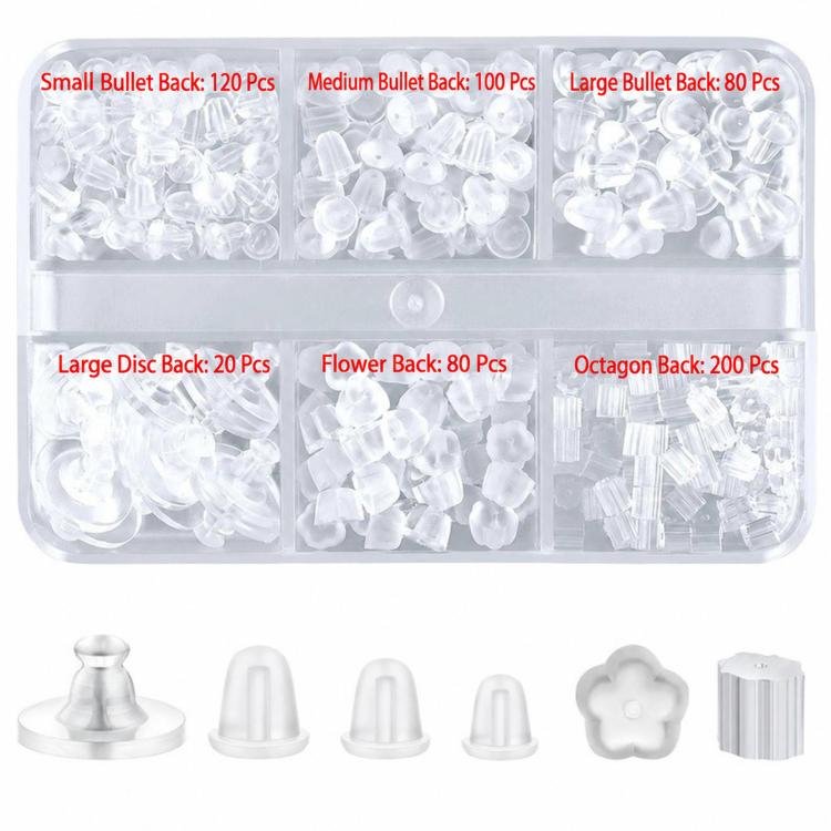 Clear silicone earring back kit with assorted transparent backs and different cap shapes