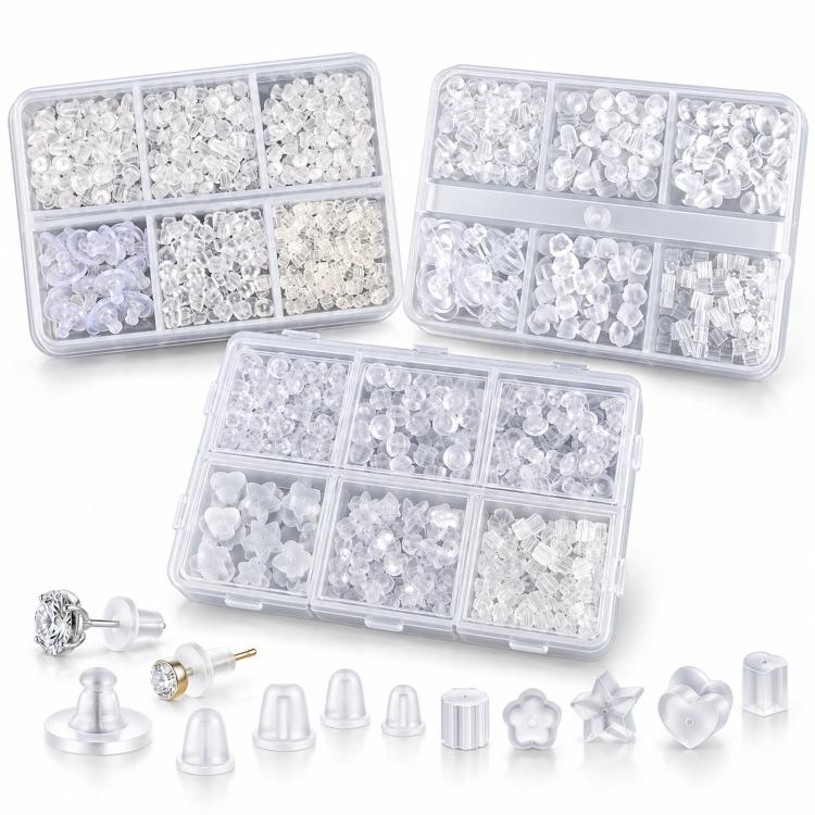 Clear silicone earring back set with multi-shape transparent caps and organizer cases