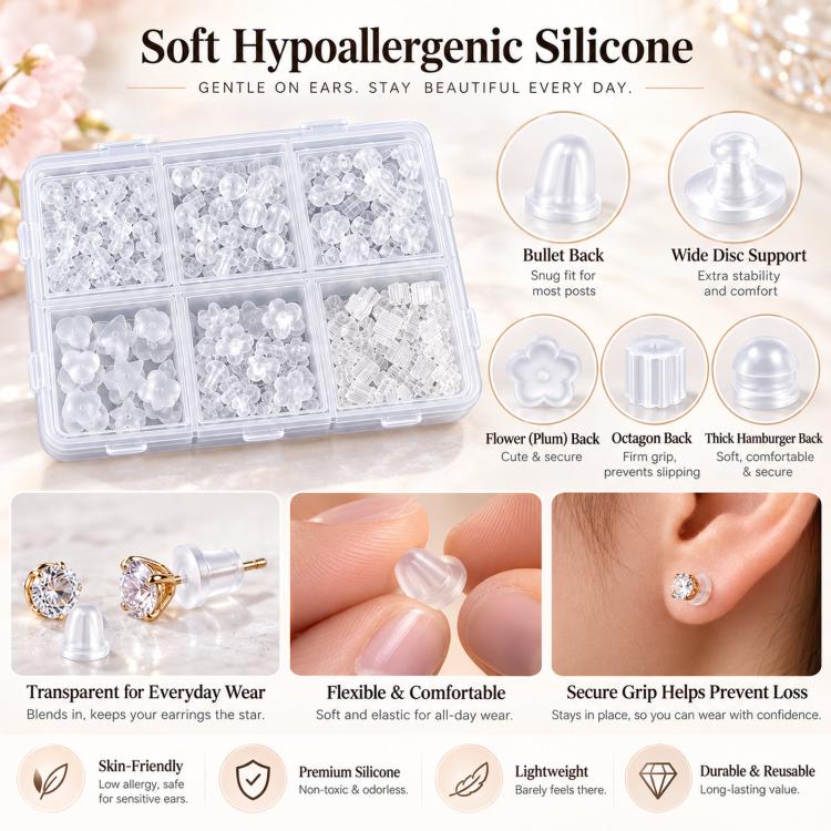 Clear silicone earring back kit with assorted transparent hypoallergenic backing caps
