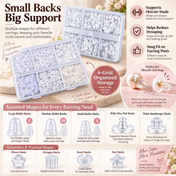 Clear silicone earring back kit with organizer tray of assorted transparent backing caps