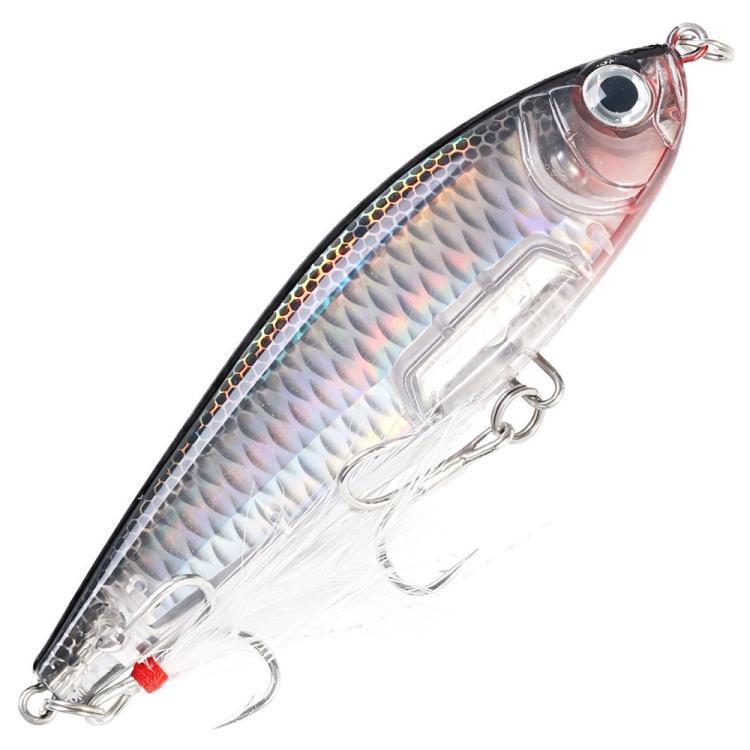 Clear blue prismatic sinking pencil fishing lure, with feather and treble hooks