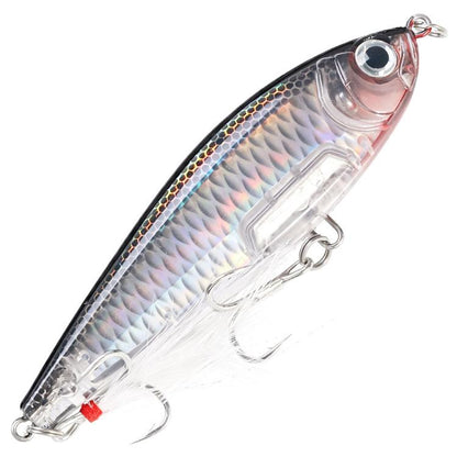 Clear blue prismatic sinking pencil fishing lure, with feather and treble hooks