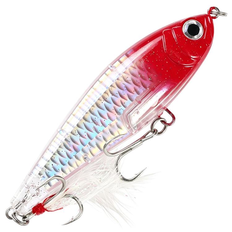 Red prismatic sinking pencil fishing lure with feather and treble hooks