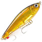 Gold yellow sinking pencil fishing lure with feather and treble hooks