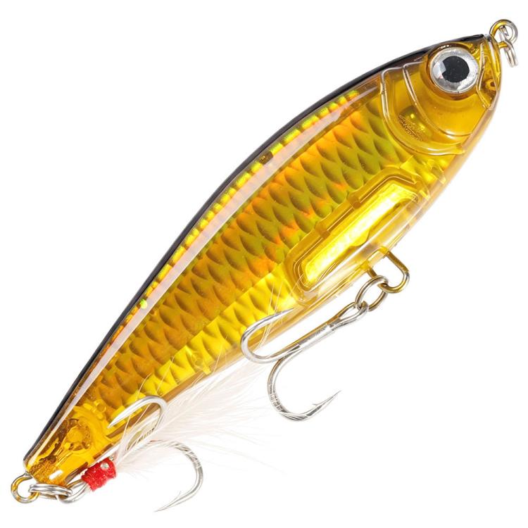 Gold yellow sinking pencil fishing lure with feather and treble hooks