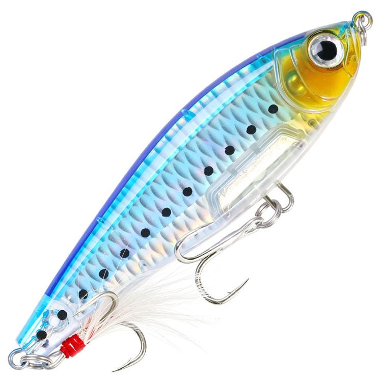 Blue prismatic sinking pencil fishing lure with feather and treble hooks