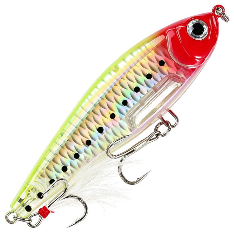 Red and neon green sinking pencil fishing lure with feather and treble hooks