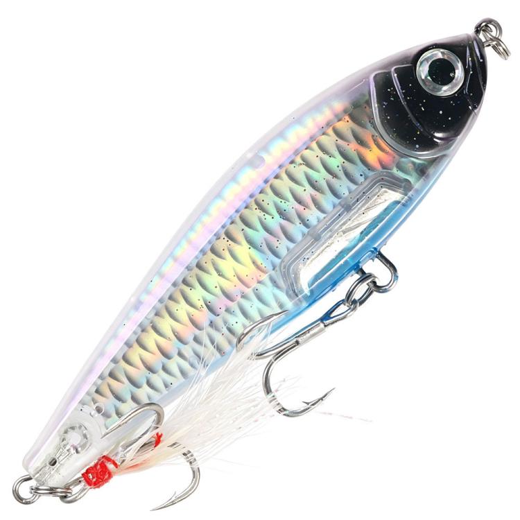 Black and iridescent blue sinking pencil fishing lure with feather and treble hooks