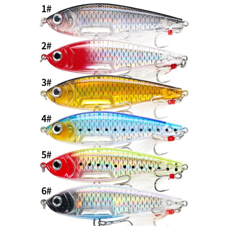Six-color set of sinking pencil fishing lures with feather and treble hooks