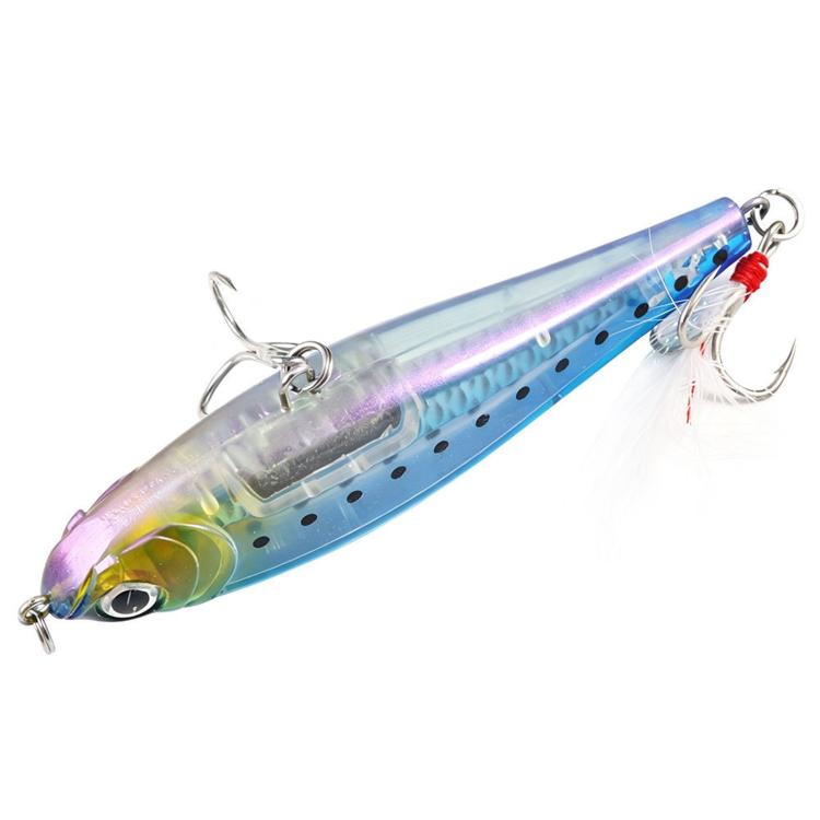 Blue and purple iridescent sinking pencil fishing lure with feather and treble hooks