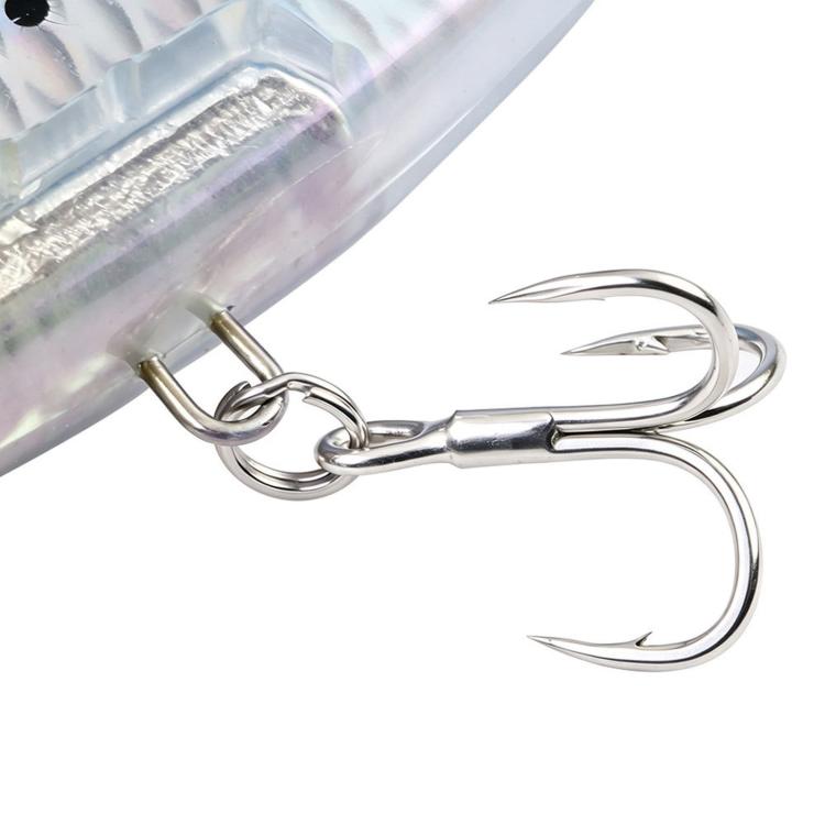 Close-up of treble hook and lure eyelet on an iridescent sinking fishing lure