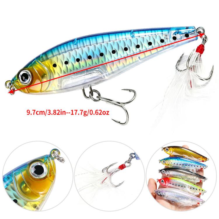 Colorful hard fishing lure with feather treble hooks and glossy blue-yellow finish
