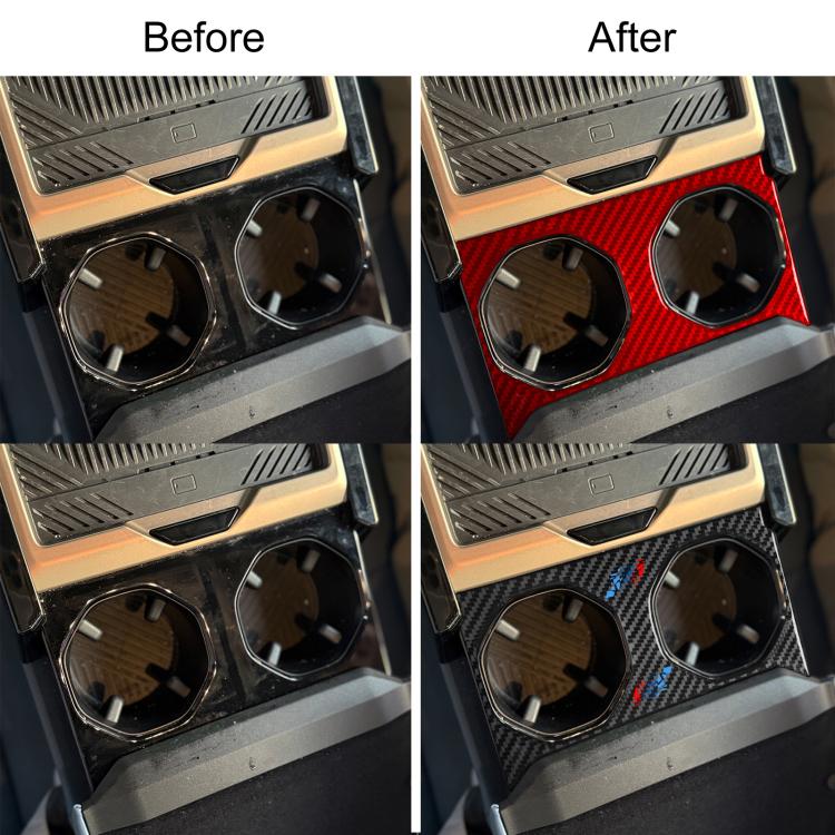 Rear hidden cup holder panel sticker applied around two cup holder openings, before/after