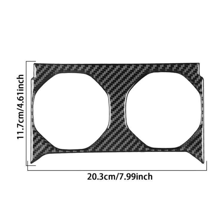 Rear hidden cup holder panel sticker, black carbon fiber with two round cutouts and size