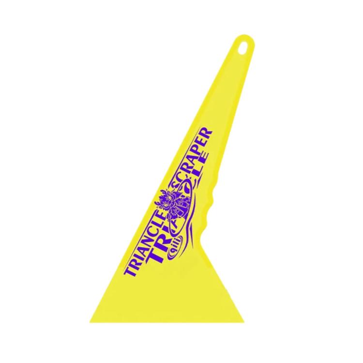 qili triangular window tint scraper, yellow, with hanging hole