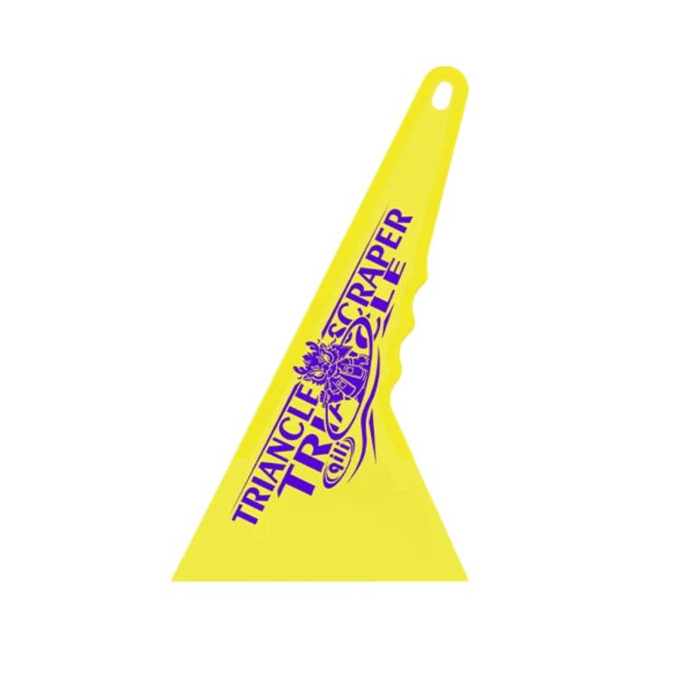 qili triangular window tint scraper, bright yellow, hanging hole on top