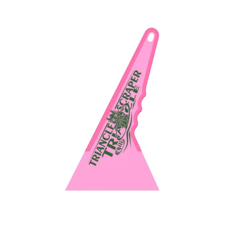 qili triangular window tint scraper, light pink, with top hanging hole