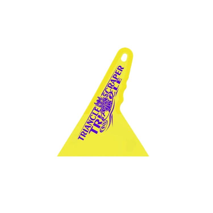 qili triangular window tint scraper, lemon yellow, with hanging hole