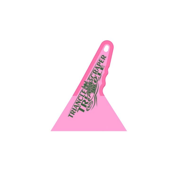 qili triangular window tint scraper, pink, with hanging hole on top edge